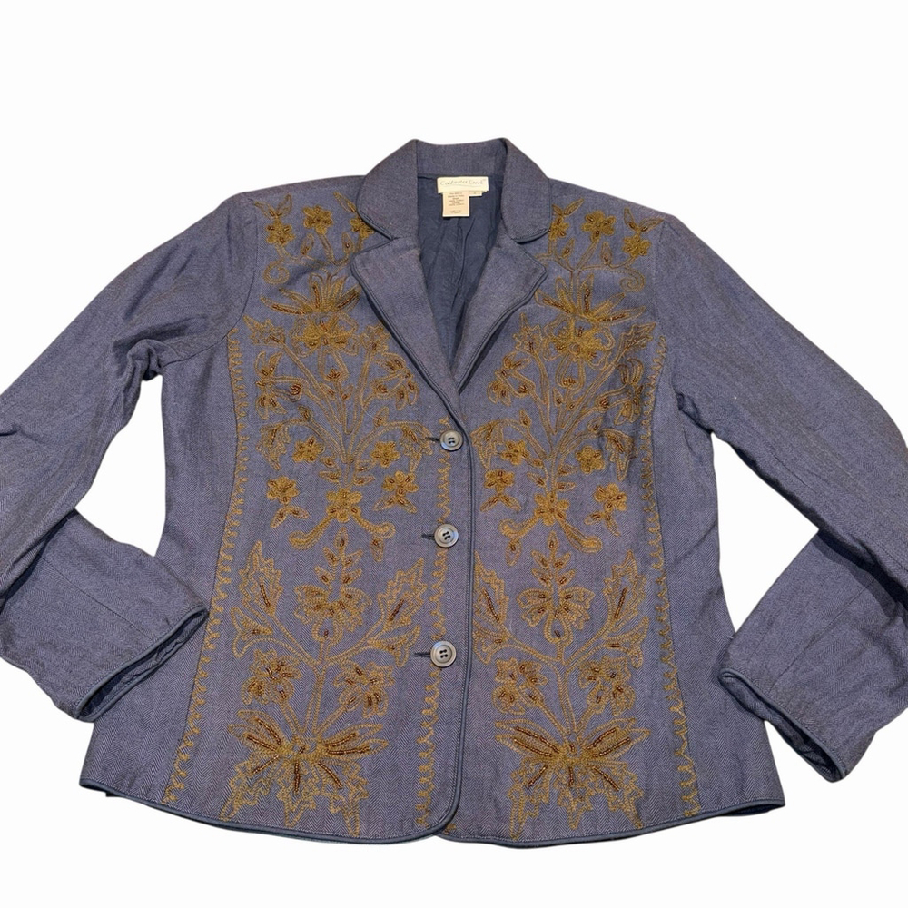 Coldwater Creek Blazer Womens Small Blue 3 Button Suit Jacket Embroidered Beaded